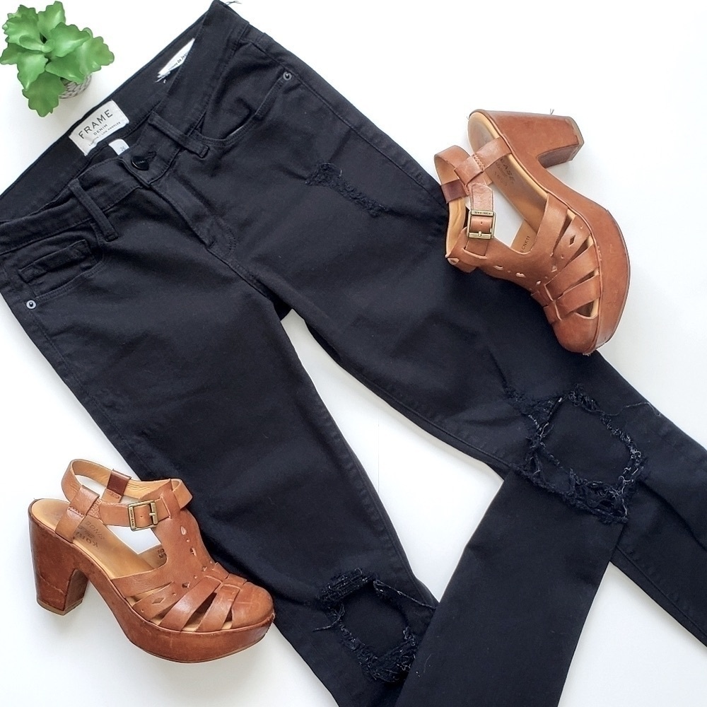 Frame Le Skinny Jeanne Crop Raw Hem Distressed Black Jeans Size 26
